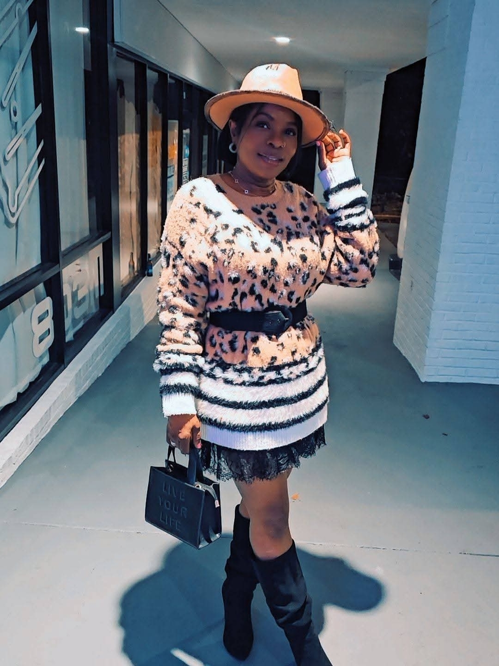 Cozy Beige Leopard & Stripe Knit Sweater